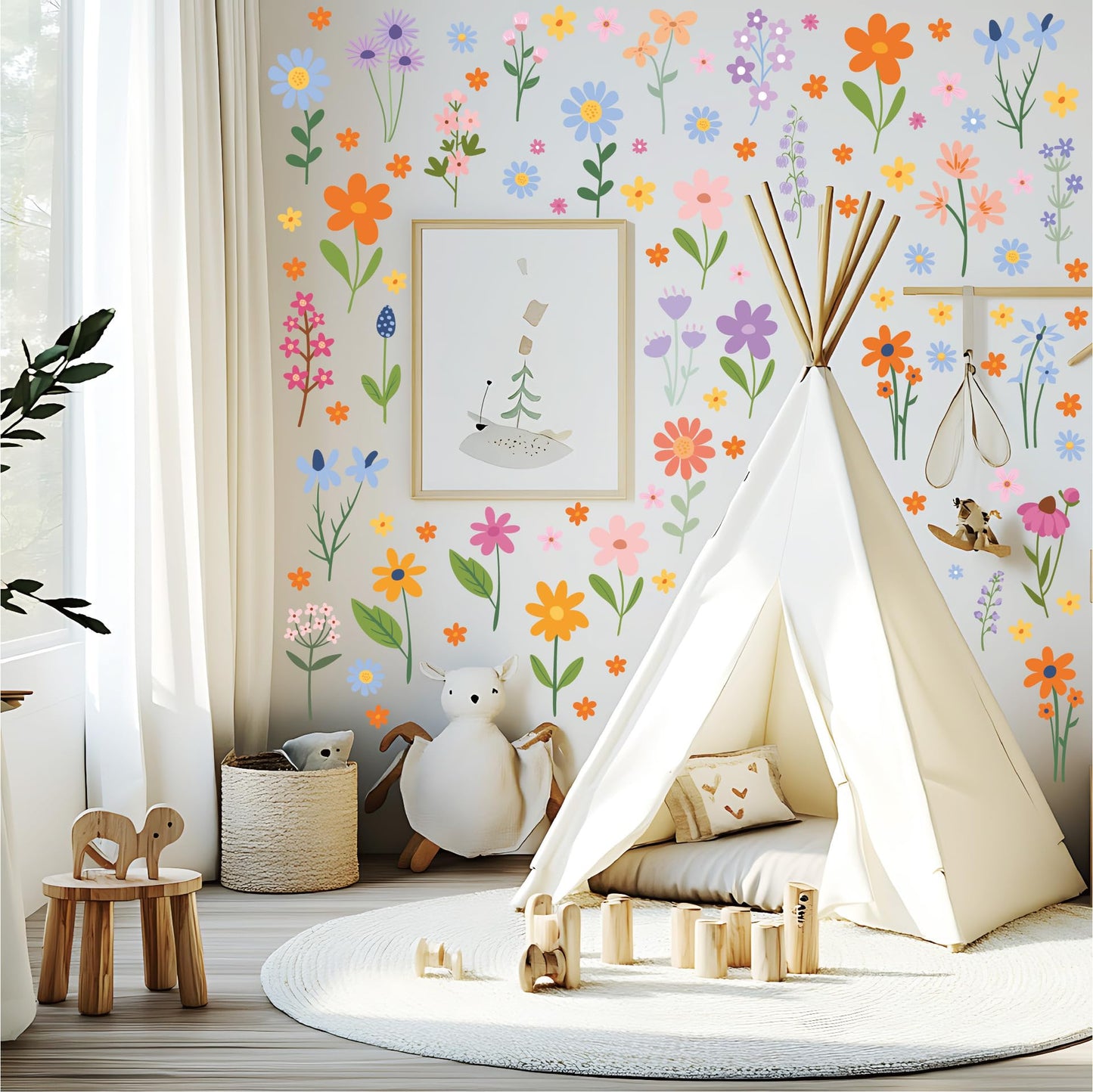 Flower Wall Decals - 8 Sheets 102 Pcs Spring Themed Wildflower Wall Stickers Peel and Stick Fairy Floral Wall Decor for Girls Bedroom Living Room Nursery Home