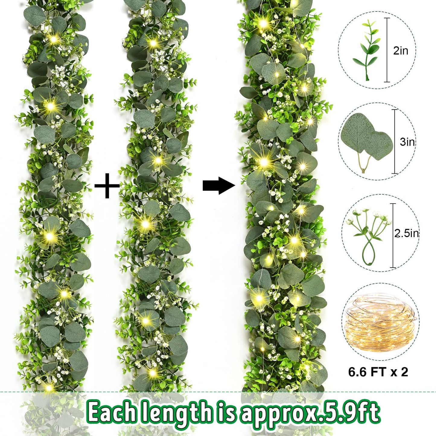 2Pcs Eucalyptus Garland with Lights, Greenery Garland, Green Garland with Flowers, 5.9FT Artificial Faux Eucalyptus Leaves Vines for Table Mantle Home Wedding Party Indoor Outdoor Decor
