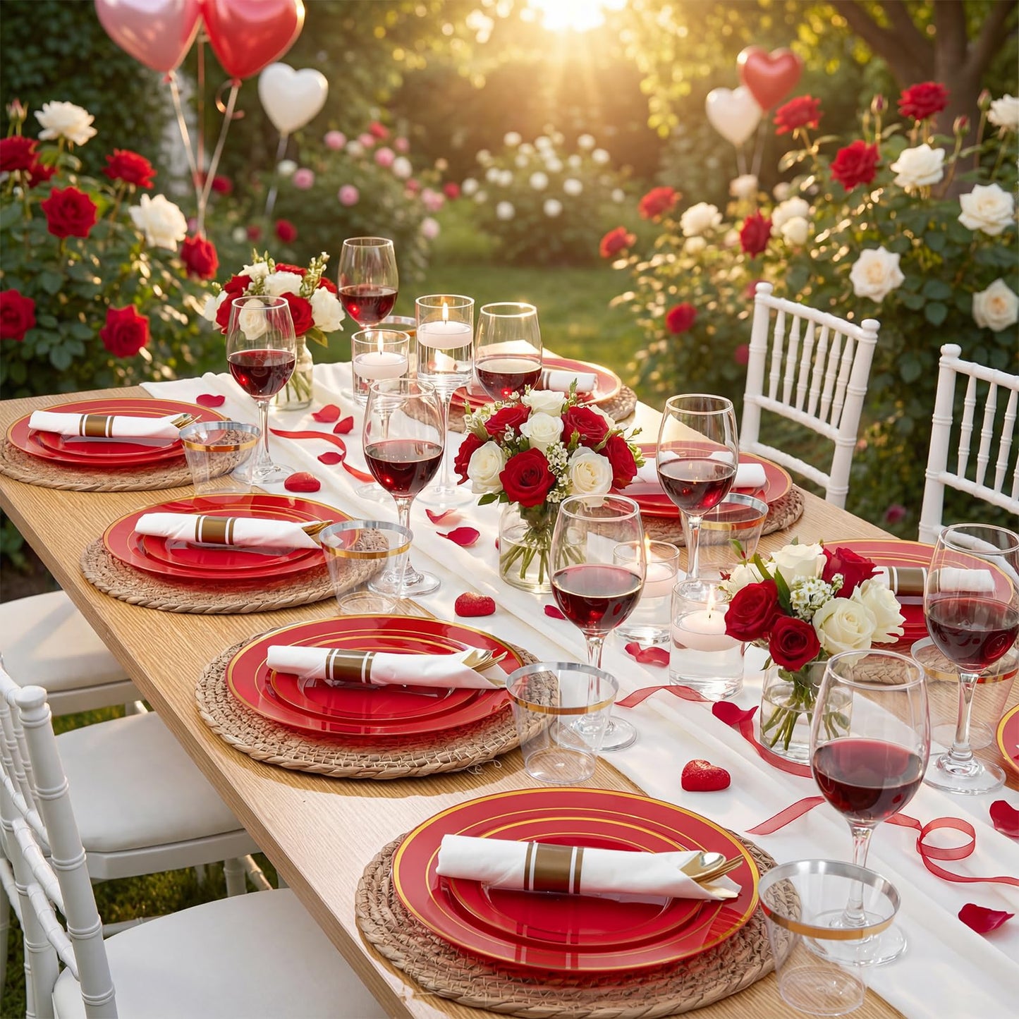 WDF Partyware 350Pieces Red Plastic Plates with Gold Rim Include 50Dinner Plate 10inch 50Dessert Plate 7inch 50 gold Cups 9 OZ, 50 Pre Rolled Napkins for Party/Baby Shower/Wedding/Spring/Mother's Day