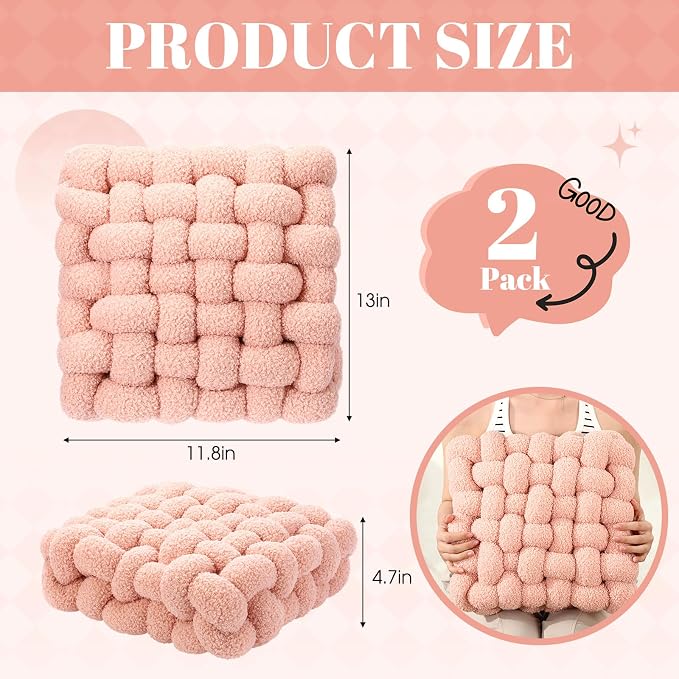Wenqik 2 Pcs Knot Pillows Square Knotted Plush Throws Soft Accent Pillows Decoration Cushion for Couch Home Office Living Room Bedroom Bed Sofa Decor, 12'' x 13''(Pink,Lambswool)