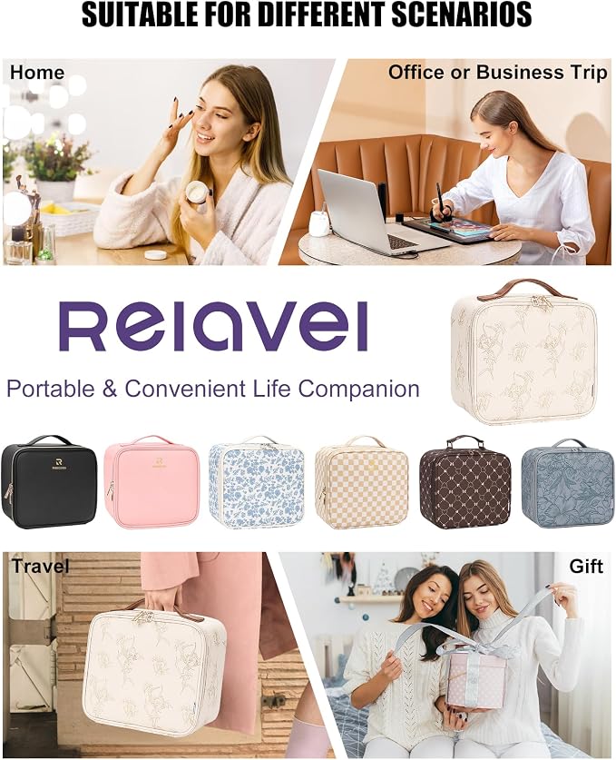 Relavel Travel Makeup Bag With LED Mirror, Portable Cosmetic Organizer Bag with Adjustable Brightness in 3 Color Scenarios, Small Train Case with Detachable Dividers for Trip- Lily Flower