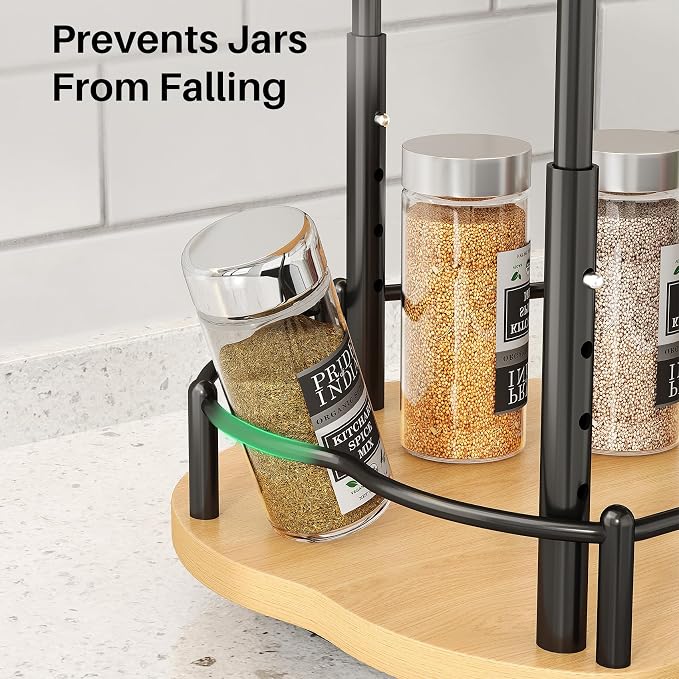 Lazy Susan Organizer Spice Rack - Spice Organization for Cabinet Height Adjustable Rotating Lazy Turntable, Pantry Kitchen Wood Revolving Seasoning Organizer (Natural, 9 Inch)