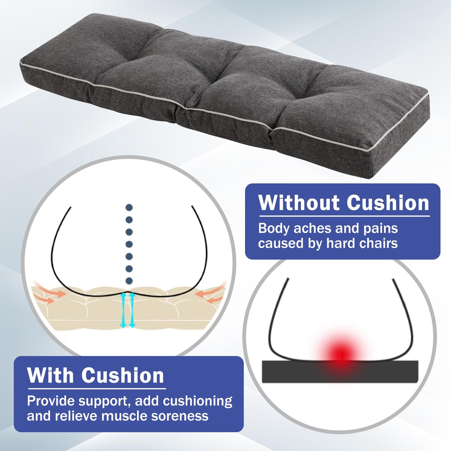 IPYNBAP Bench Cushion, 42 x 16 Inch Patio Furniture Cushions with Durable Ties, Soft Memory Foam Bench Cushions for Indoor/Outdoor Furniture with Non-Slip Bottom, Kitchen&Dining, Dark Grey