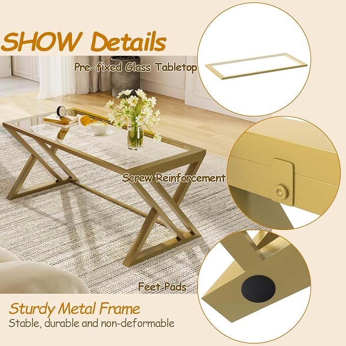 Wolawu Coffee Table Gold Glass Coffee Table for Living Room,Modern Rectangular Center Table with Sturdy Metal Frame,Tempered Glass Table Tea Tables for Bedroom Home Office
