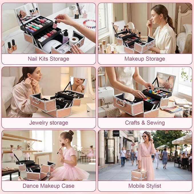 Makeup Train Case, Large Makeup Case with Mirror and Lock, Portable Makeup Box Organizer, 2 Trays Make Up Storage for Travel, Vanity, Cosmetics, Rose Gold