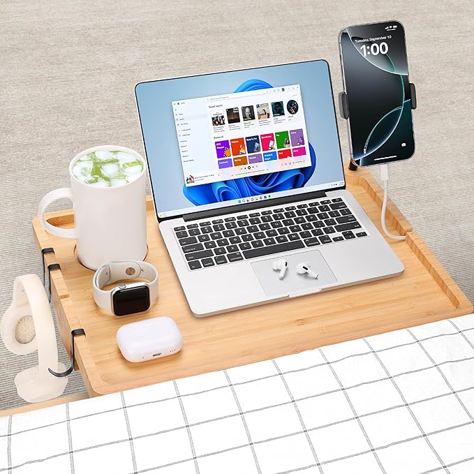 Bedside Shelf for Dorm Bed & Top Bunk, Bamboo Bed Side Table Tray with Cup Phone Holder & Hooks, Bedside Caddy, Clip on Nightstand Bedside Storage College Dorm Room Essentials (Bamboo)