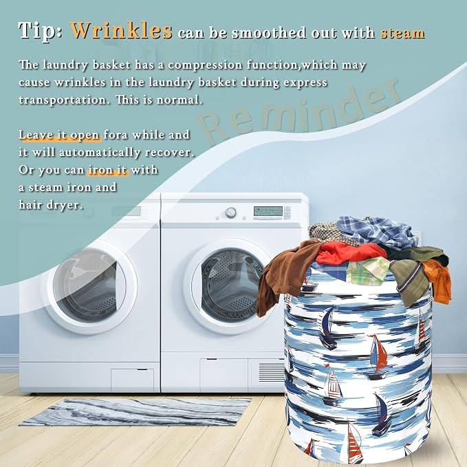 Nautical Laundry Basket Foldable Blue Seafaring Theme Print Laundry Hamper Oxford Cloth Funny Tote Bag Clothes Toy Storage Bucket For Bathroom/Laundry Storage/Bedroom 18.9 x 16.5 Inch