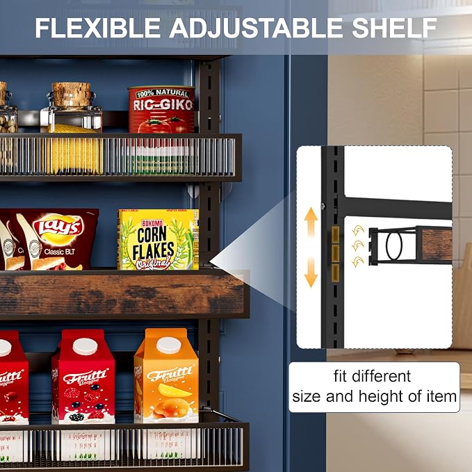 8 Tier Pantry Door Organizer Spice Rack, 2-IN-1 Wall Mount or Hanging Over Door Seasoning Organizer with Adjustable Baskets, Heavy Duty Behind Door Storage Shelves for Pantry, Cabinet and Kitchen