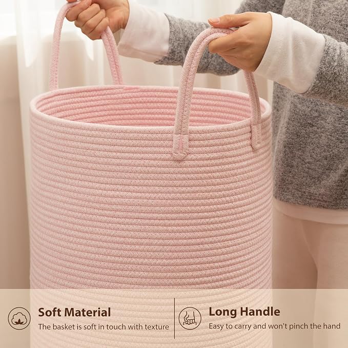 OIAHOMY Large Laundry Basket Hamper - 100L Cotton Rope Woven Basket for Blankets, Toys, Clothes - Tall Decorative Nursery Hamper with Long Handles, Pink
