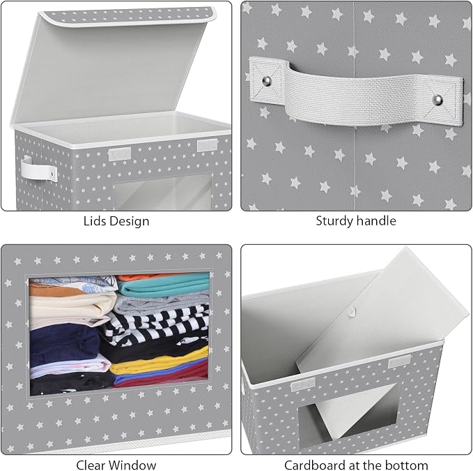 Univivi Fabric Foldable Storage Boxes [4-Pack] Large Collapsible Stackable Storage Bins with Lids, Closet Organizers and Storage Cube Basket for Home, Office, Bedroom (Gray Star, 17”x 12” x 12”)