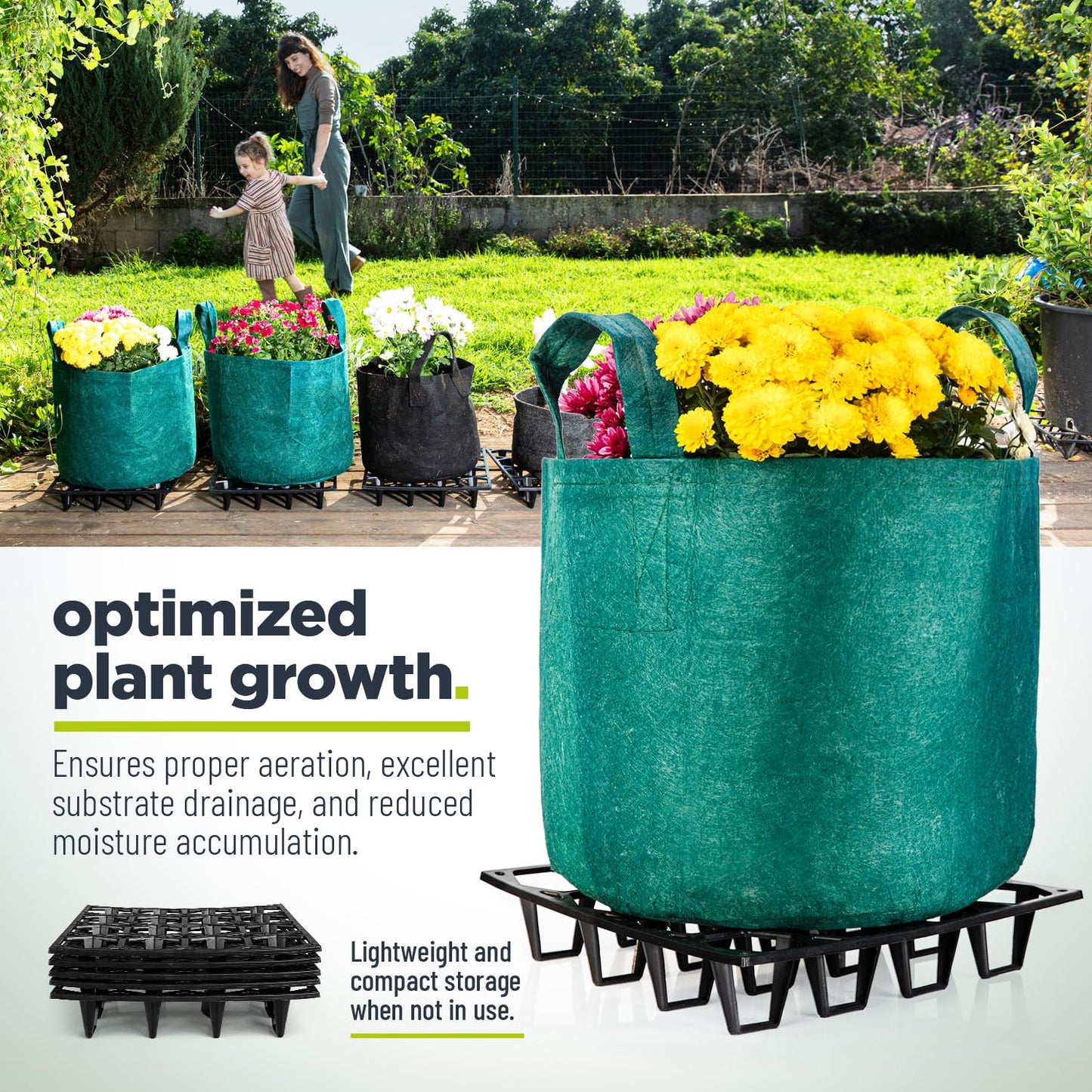 Cannrise Plant Riser – Modular Pot Spacer for Grow Bags, Planters & Containers – UV-Resistant Drainage Tray for Airflow, Root Health & Cleaner Surfaces (Standard Black, 7 Pack)