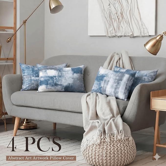 Set of 4 Abstract Art Throw Pillow Covers 12x20 Inch, Dusty Blue and Grey Modern Decorative Cushion Cases for Couch Sofa, Soft Velvet Double-Sided Print Washable Pillow Covers