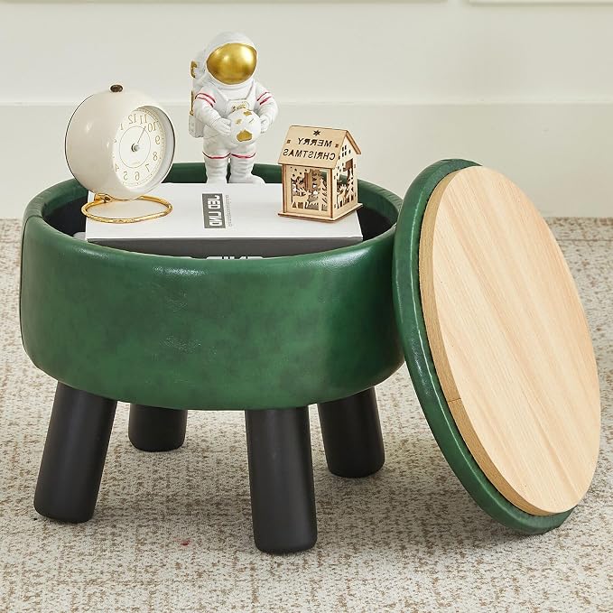Small Foot Stool Ottoman with Storage, Faux Leather Ottoman Foot Rest for Couch, Round Footstool Ottomans for Living Room (Green)