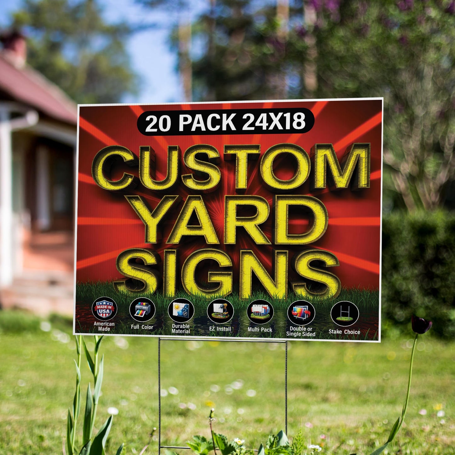 20 Pack of 24x18 inch Custom Yard Signs, Double and Single Sided Print, Metal H-Stakes, Durable 4mm Coroplast, Personalized Full Color Printing