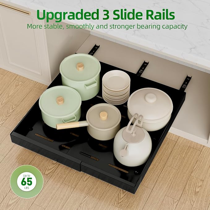 PAKETA 4 Pack Expandable Pull Out Cabinet Organizer, 21'' Deep Pull Out Drawers for Cabinets,Upgrade 3 Slide Rails Sliding Drawer for Kitchen Cabinet Organizer with Adhesive Nano Film (Black)