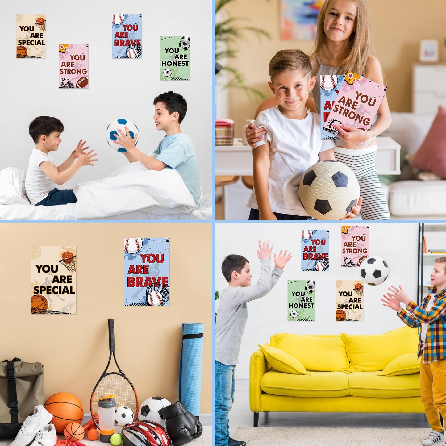 4 Pcs Sports Bedroom Inspirational Wall Decor Sign for Kids, Soccer Basketball Baseball Rugby Decor, Art Inspired Hanging Signs Boys Girls Kids Nursery School Nursery School