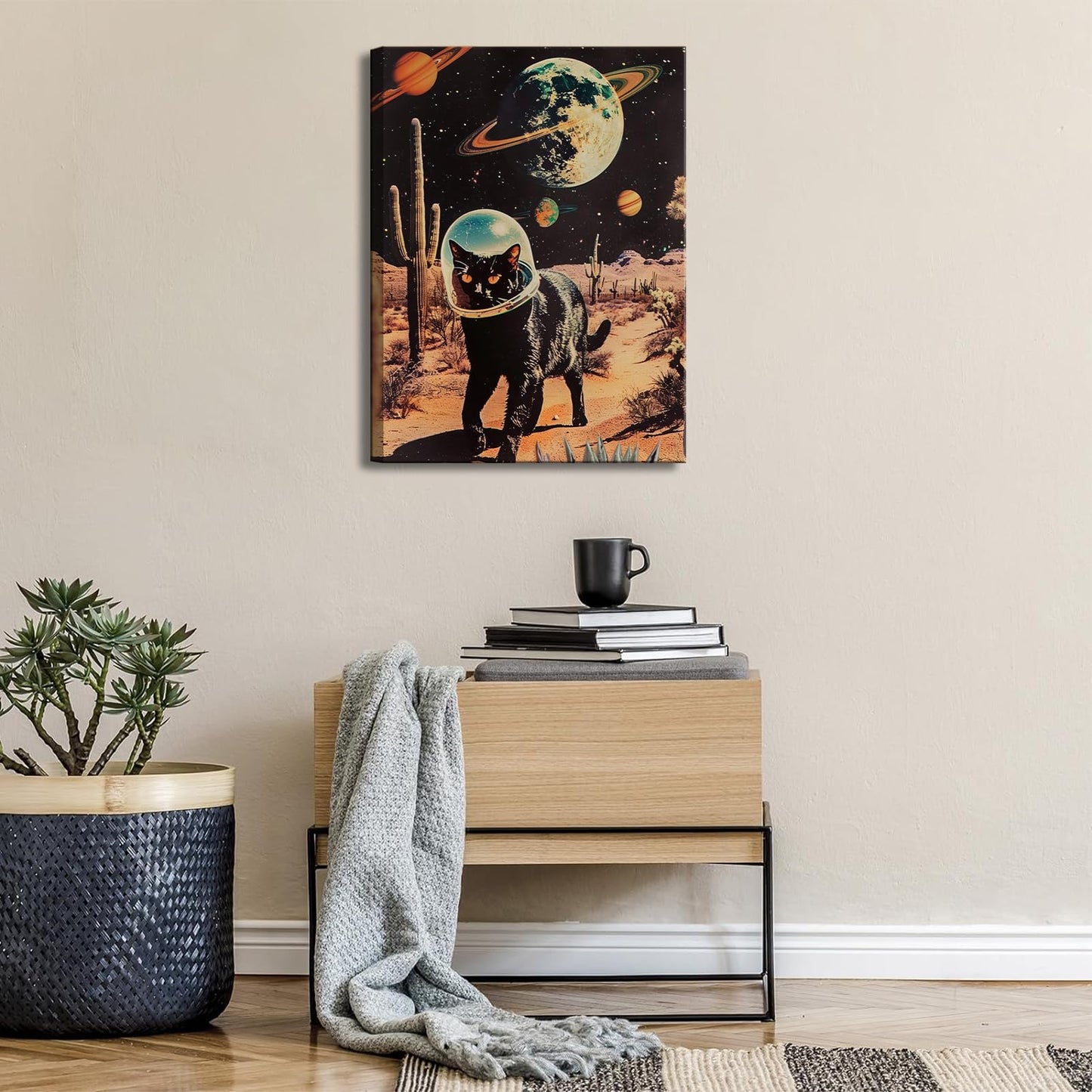 Ijeroain Black Space Cats Wall Art Funny Cat Wall Decor Pictures Cat astronaut painting artwork Cosmic planet Whimsical Print for Boys and Girls Room Bedroom home decoration 12x16in Canvas