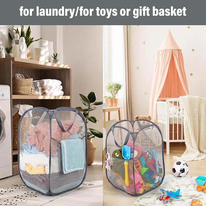 BATTOO Deluxe Strong Mesh Pop up Laundry Hamper Basket with Side Pocket for Laundry Room, Bathroom, Kids Room, College Dorm or Travel 2 Pack White