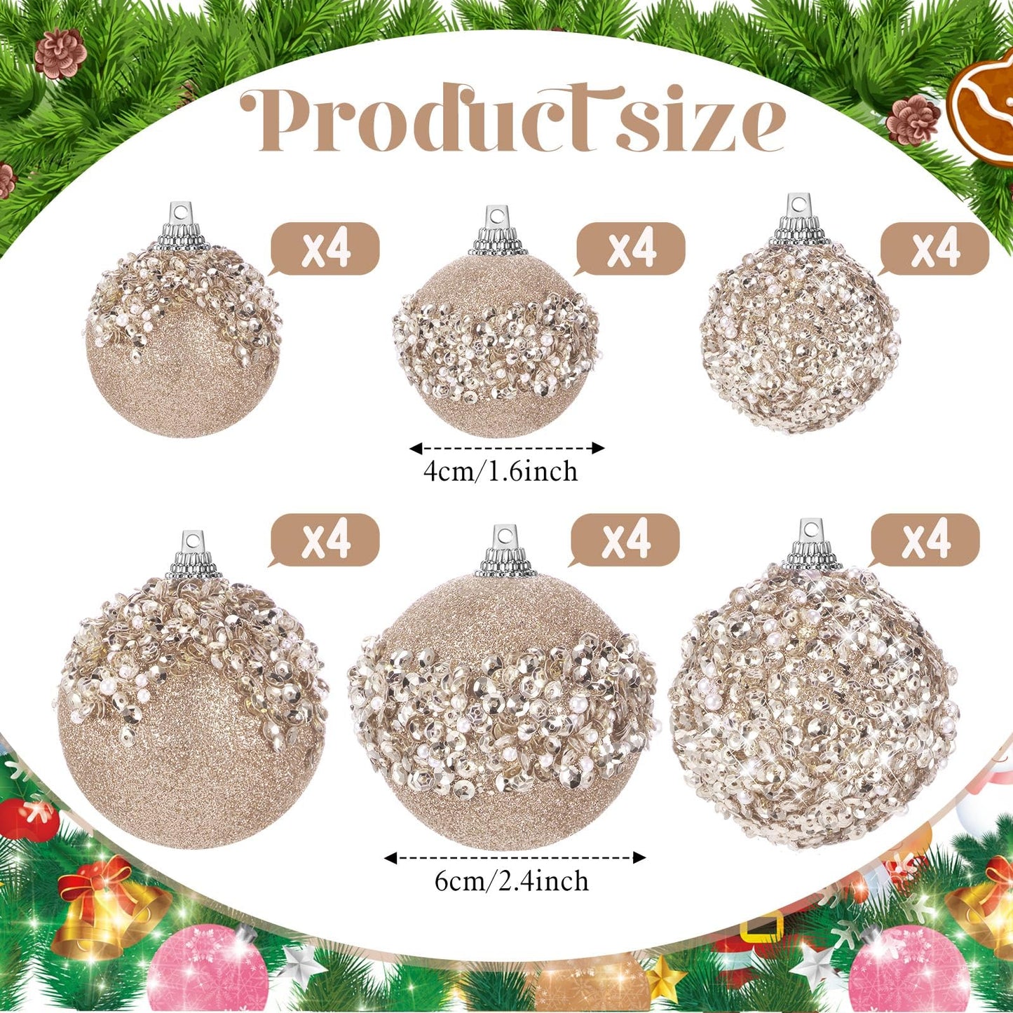 Poen 24 Pcs Glitter Christmas Ball Ornaments Set Christmas Tree Ornaments Hanging Sequin Foam Xmas Balls Decoration for Xmas Tree Wreath Garland Home Decor Wedding Party(Champagne)