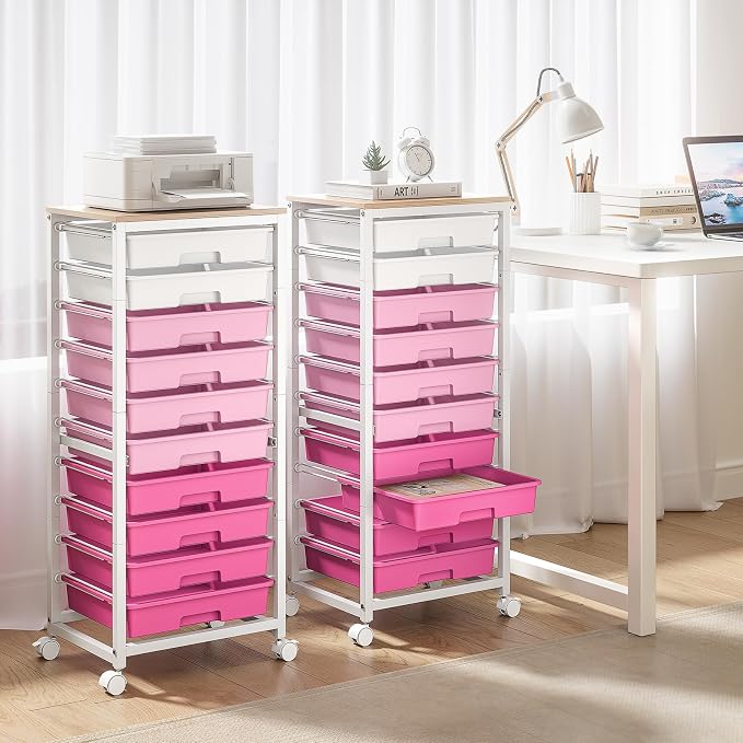 SYKIARIOL Rolling Cart with Drawers,10 Drawer Rolling Cart,Storage Cart,Utility Cart,Teacher Cart for Classroom Storage,Craft Cart with Wheels and Wooden Tabletop,Pink