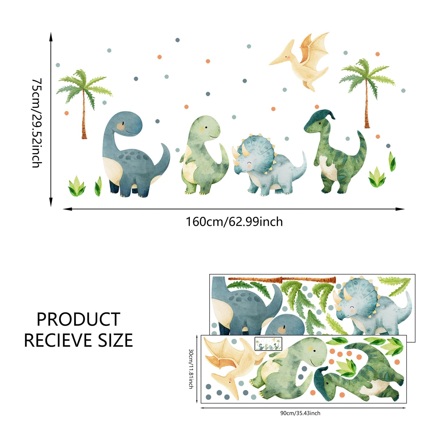 Large Dinosaurs Wall Decals, Dino Animal Tropical Palm Tree Home Decorations, Self Adhesive Dinosaurs Wall Art Sticker for Baby Nursery Kids Room Home Decor (Green Boho Dinosaurs Dot Decals)