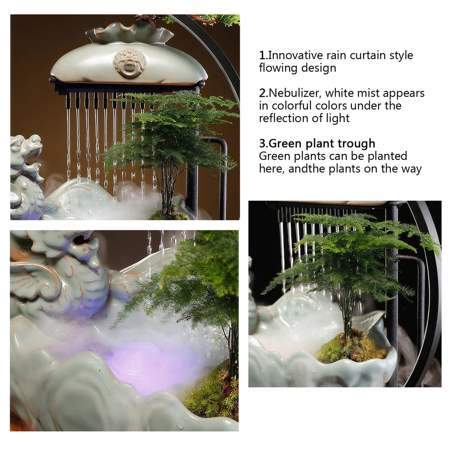TXYXT Waterfall Fountain Indoor with Mist, Tabletop Water Fountain,Desk Chinese Ceramic Pixiu Statue with LED Light Ring and Backflow Incense Burner Holder