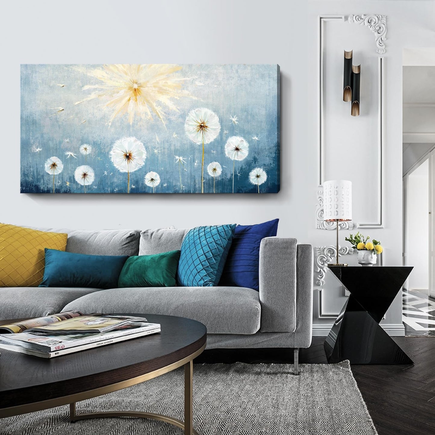 Nicetop Large Canvas Wall Art for Living Room- Floral Landscape Artwork Gallery Wrapped Nature Wildflower Dandelion Print Botanical Flower Picture Bedroom Office Decor,Blue and White, 48x24 Inch