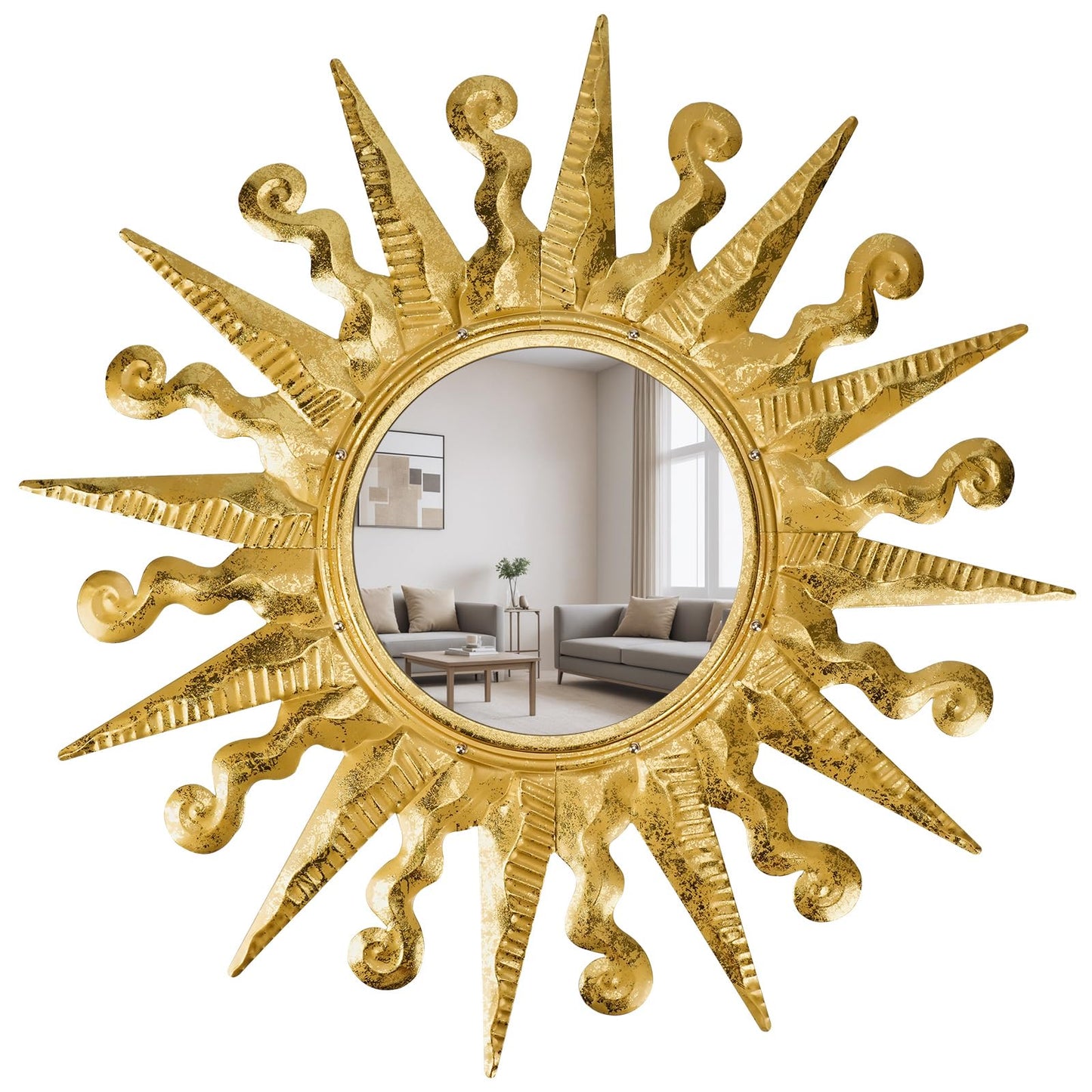 YIWEMON Golden Sun Wall Mirror Decorative 24 inch Metal Frame Mirror Sunburst Boho Mirror for Entryway Bedroom Living Room Bathroom House Warming Gifts New Home Essential