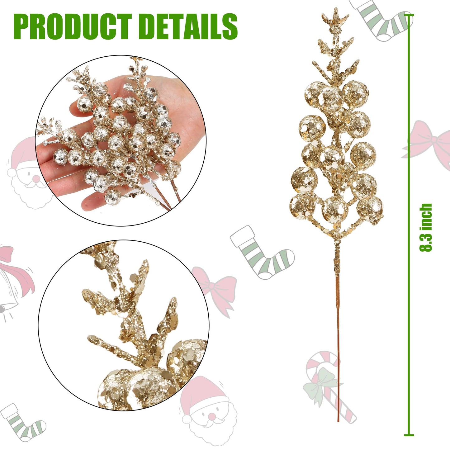Sggvecsy 30Pcs Christmas Glitter Berries Stems Artificial Red Berry Branches Holly Picks Stems Christmas Tree Ornaments for DIY Xmas Wreath Crafts Gifts Holiday Home Decor (Champagne)