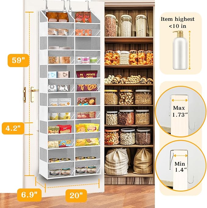 Over The Door Organizer 6 Tiers, Extra Large Behind Door Storage of 12 Compartments, 80 lbs Weight Capacity Hanging Storage Organizer with Clear Window Kids Toys,Shoes,Diapers,Room Storage,Light Grey