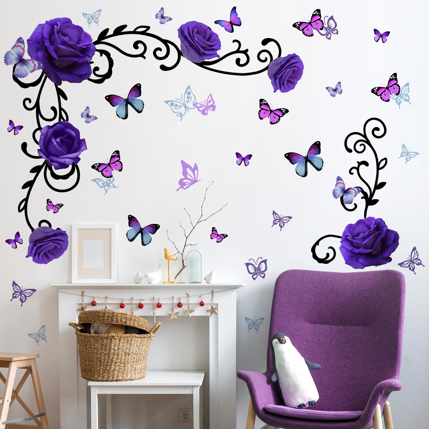 Removable Purple Floral Rose Wall Decor 3D Peel and Stick Flower Vine Black Plants Vines Leaf Wall Stickers Flying Butterfly Wall Decals for Kids Girls Baby Bedroom Nursery Living Room (Purple)