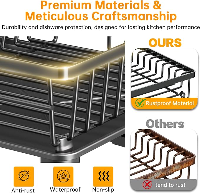 Dish Drying Rack, 2 Tier Dish Racks for Kitchen Counter, Compact Drying Rack Kitchen, Rust-Resistant Dish Drainer, Detachable Space-Saving Dish Rack with Drainboard, Utensil Holder, Black
