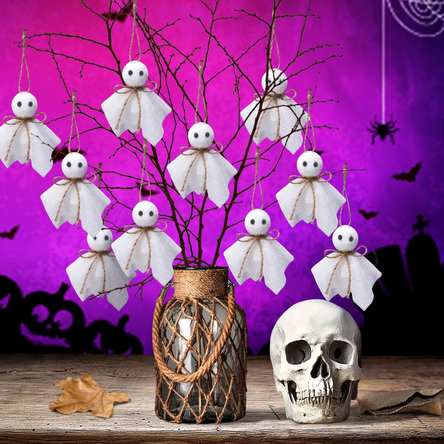 Watayo 16 Pcs Halloween Ghost Hanging Ornaments, 3 Inch Small Hanging Ghosts Tree Ornaments, Farmhouse Rustic Cloth Ghosts Hanging Decoration for Haunted House Party Yard Tree Decor