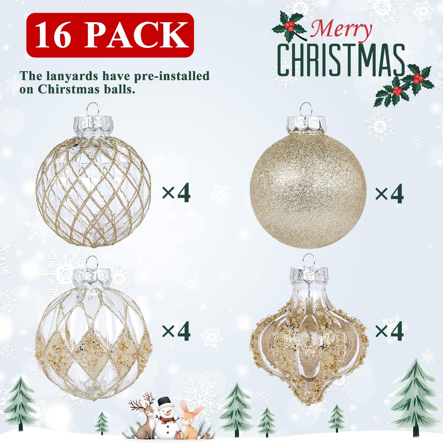 3.15" Clear and Champagne Christmas Ball Ornaments Set, 16 Pcs Luxury Hand-Painted Xmas Tree Decoration, Large Shatterproof Rustic Farmhouse Balls for Party Holiday Wreath Garland Home Decor