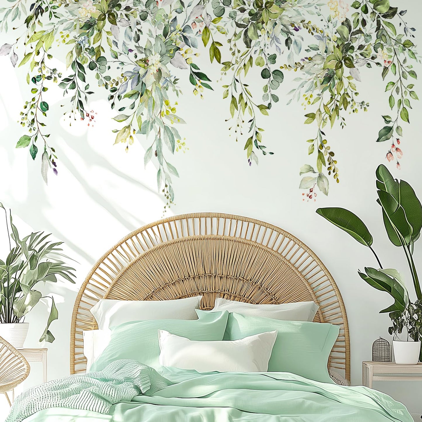 VePret Green Plants Leaves Wall Decals Peel and Stick, Large Floral Flowers Wall Stickers, Removable Vine Home Decor Art for Bedroom Living Room Classroom Office