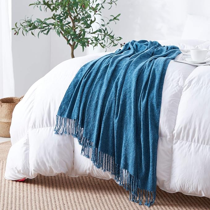 BOURINA Chenille Throw Blanket with Decorative Fringe for Couch Sofa Chair Blanket (50x60 Inches) Dark Blue