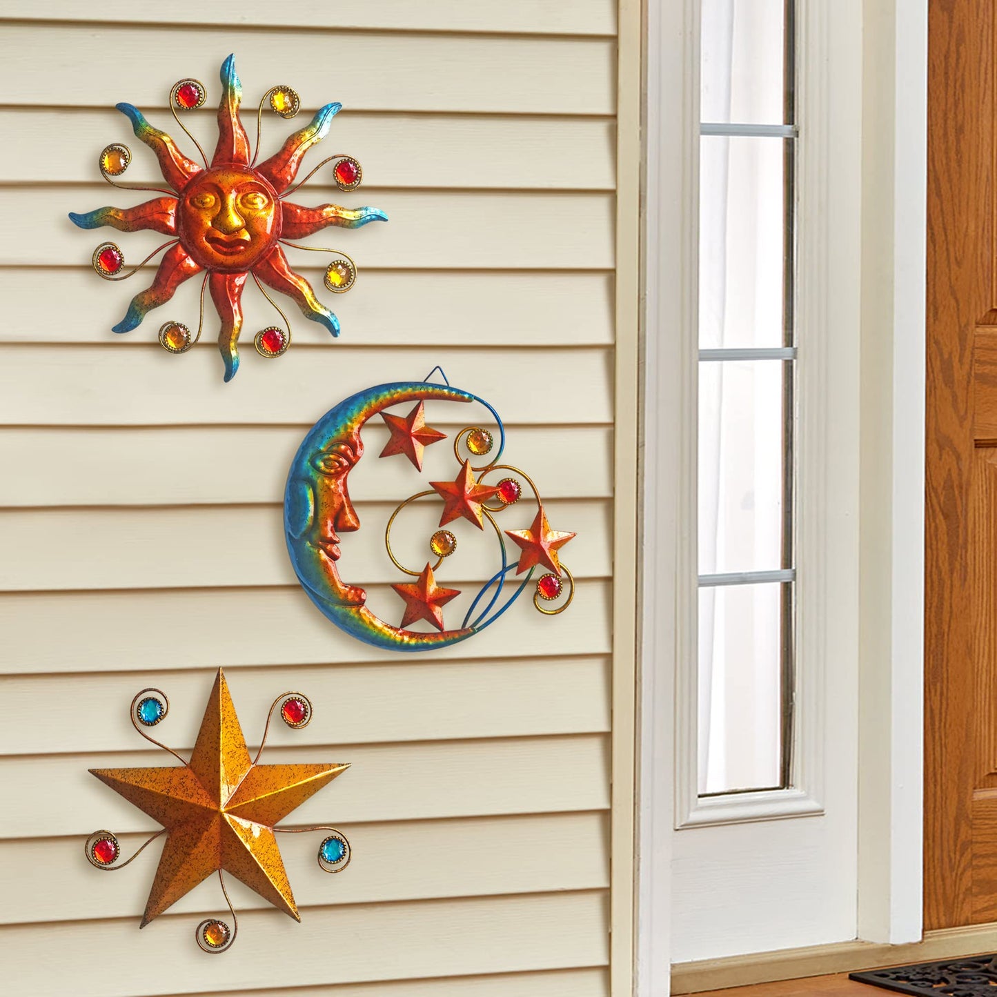 Limygus Metal Wall Art Sculpture, Set of 3 - Celestial Wall Decoration - Sun Moon Star Decorative Silhouette - Waterproof Wall Hanging Decor for Home Office, Bedroom, Bathroom, Living Room