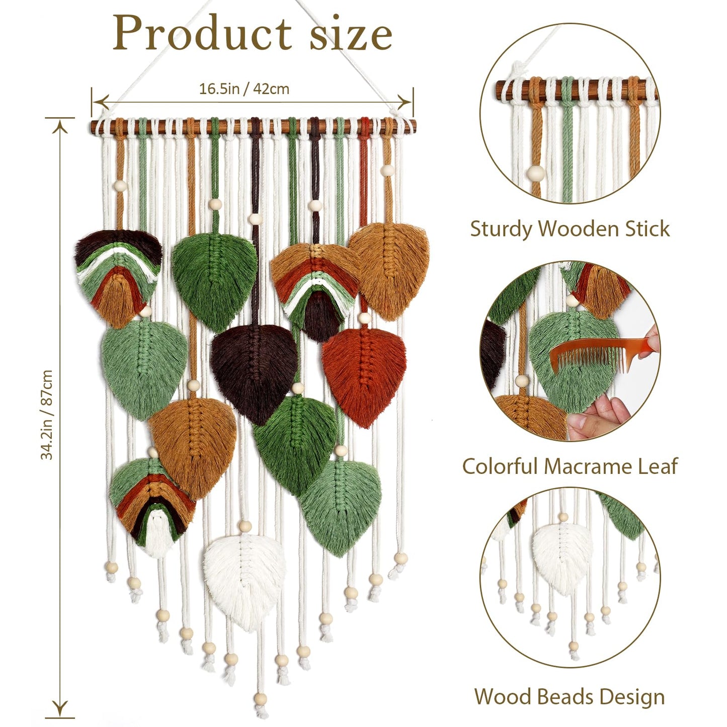 MEIVINES Macrame Wall Hanging Boho Woven Tapestry,Chic Home Decor Modern Bohemian Handmade Leaf Feather Tapestry Wall Art Decor for Bedroom Living Room Nursery Apartment Backdrop 16 X 34 Inch