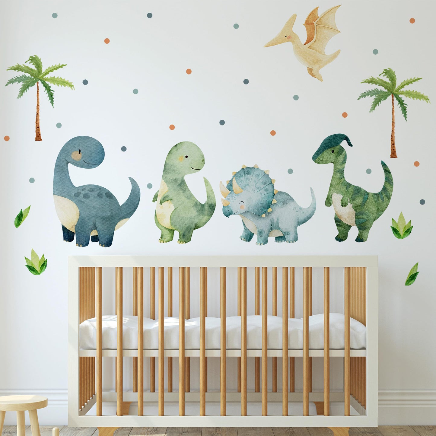 Large Dinosaurs Wall Decals, Dino Animal Tropical Palm Tree Home Decorations, Self Adhesive Dinosaurs Wall Art Sticker for Baby Nursery Kids Room Home Decor (Green Boho Dinosaurs Dot Decals)