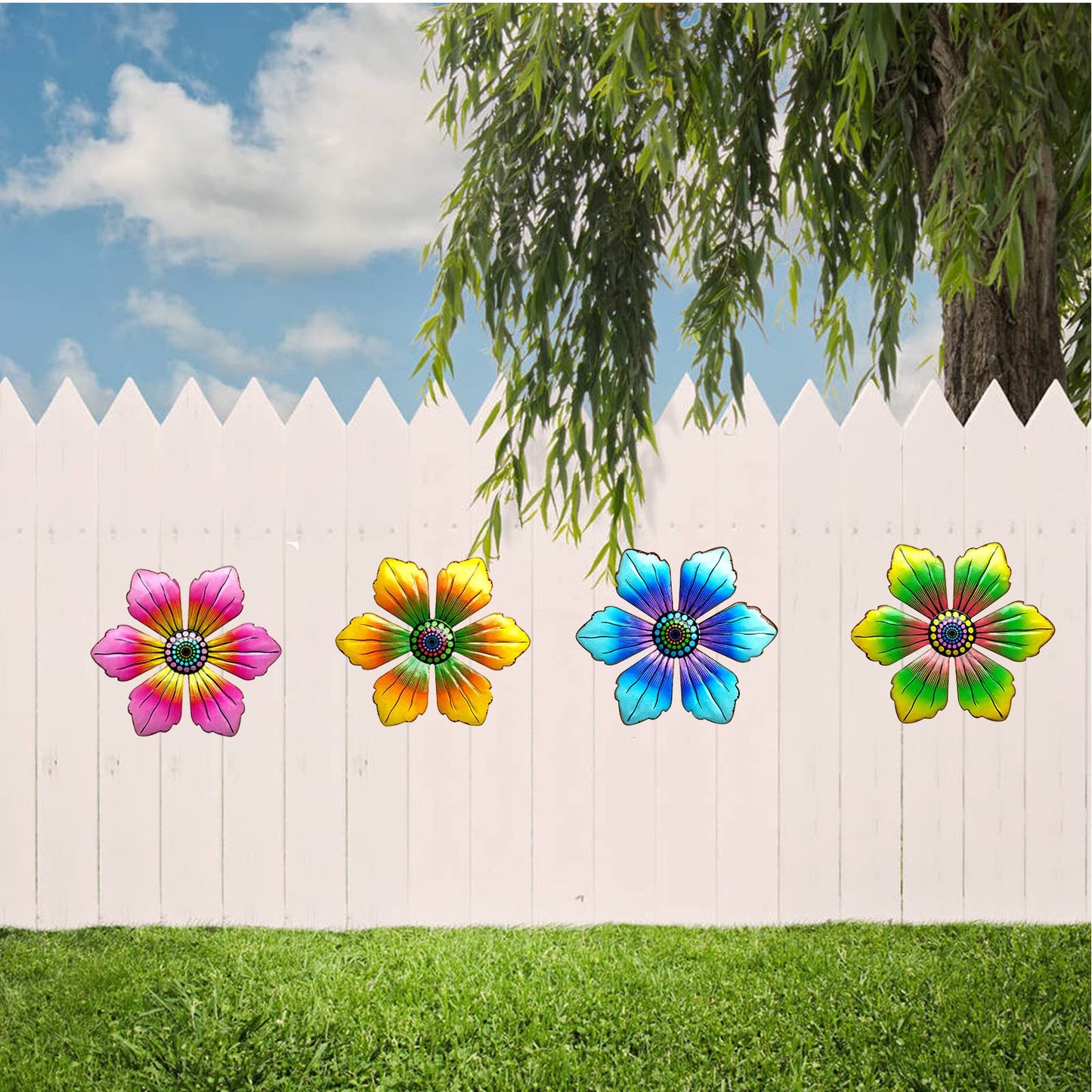 LITIALLY 4PCS Metal Flowers Outdoor Decor, 6 Inch Garden Wall Art Decorative, Metal Flower Outdoor Wall Sculptures Hanging Indoor Outdoor Home, Garden