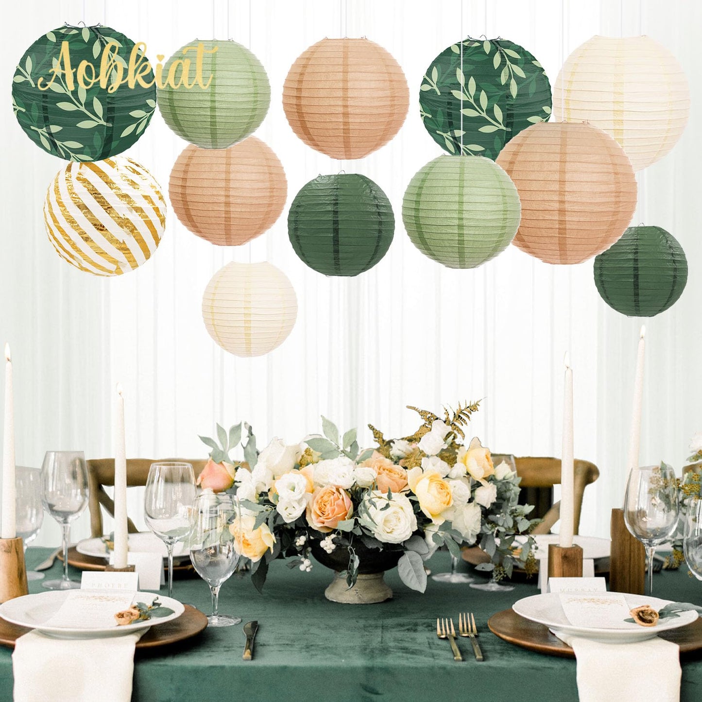 AOBKIAT Party Decorations Paper Lanterns Set,12PCS Sage Green Brown Chinese Japanese Hanging Paper Lantern for Green Boho Wedding,Birthday,Baby Shower,Bridal Showers,Neutral Party Decor