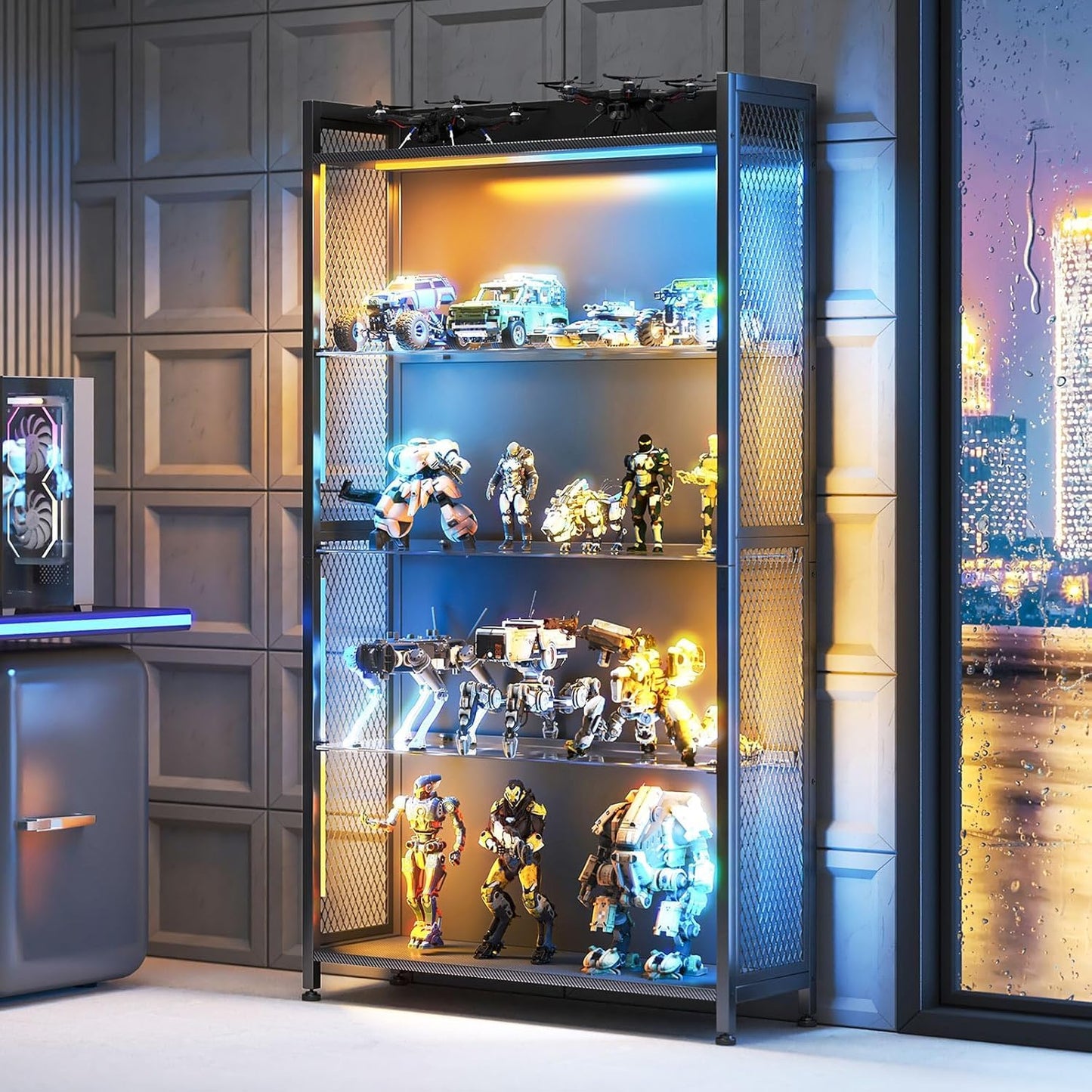 AODK Display Case with LED Lights, Display Cabinet with Glass Storage Shelves and Industrial Metal Mesh, 4-Tier Display Shelf for Collectibles, Curio Cabinet with Open Shelf, Black