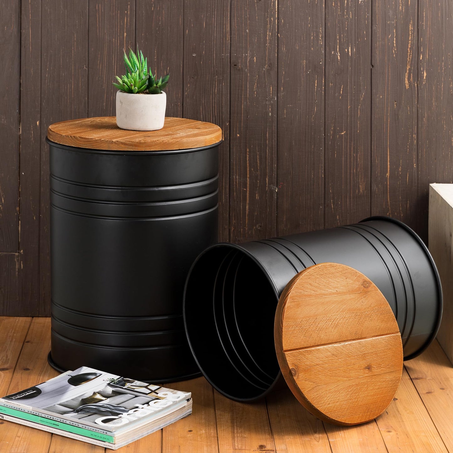 Glitzhome Nesting Tables for Living Room, Round Coffee Tables Set of 2, Metal Farmhouse Small Accent End Table with Storage and Lid for Bedroom Office Plant Stander, Black