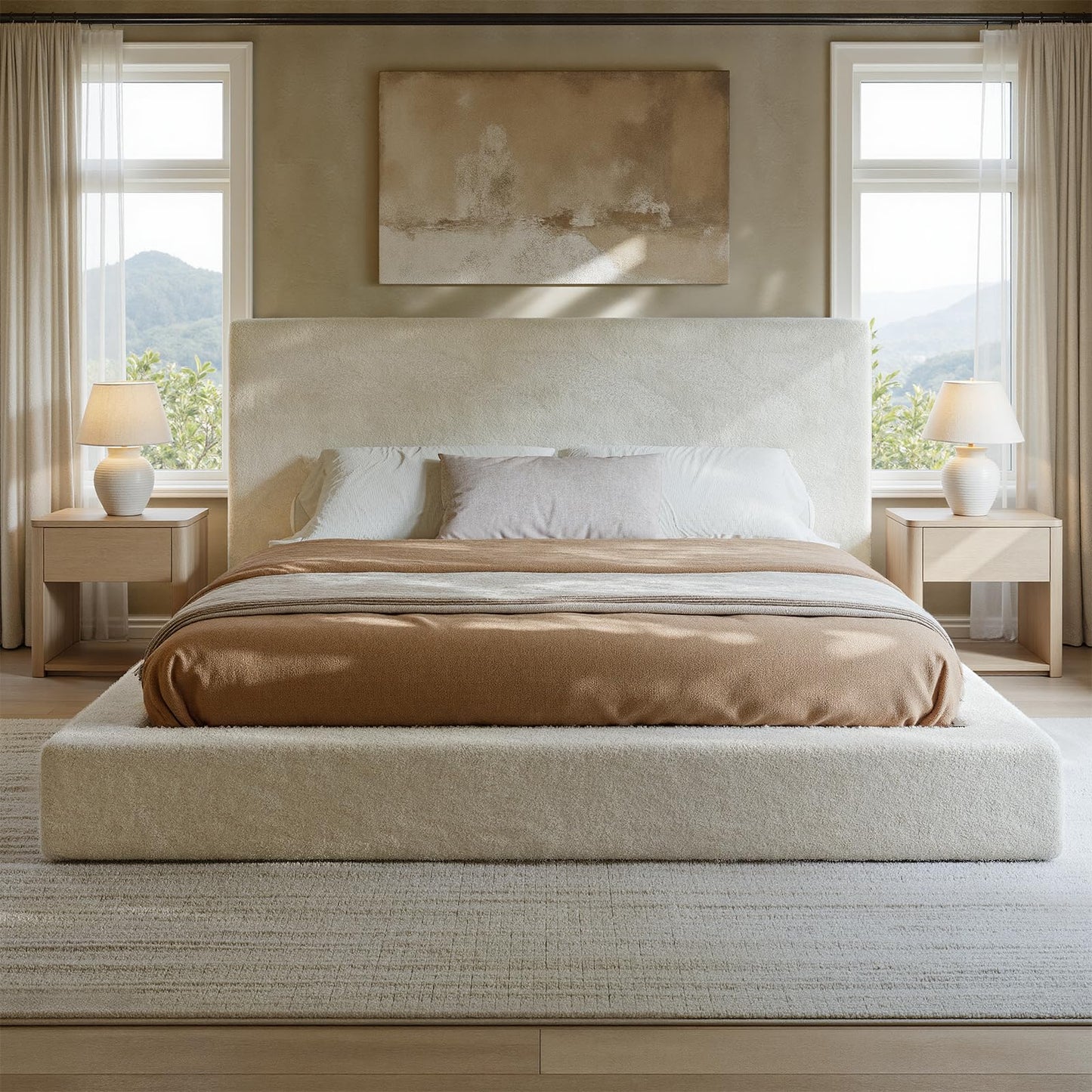 Evermagin White King Upholstered Bed Frame with Headboard,Soft Frame Cloud Bed with Adjust 2 Bedside Table,Modern Platform Cushion Bed Frame for Bedroom,No Box Spring Required, Easy Assembly