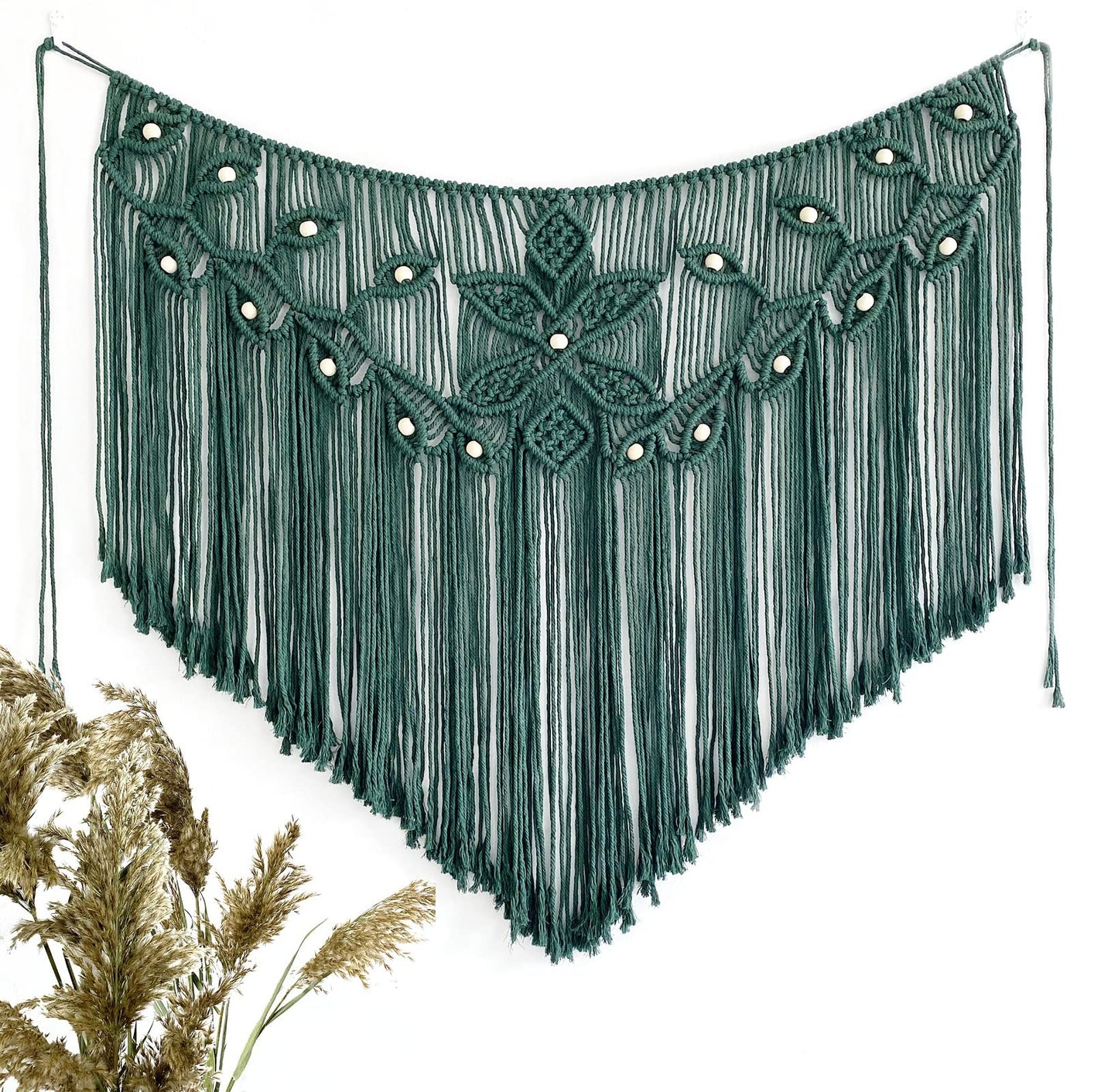 Youngeast Home Decor Leaf Shape Macrame Wall Hanging Woven Tapestry Bedroom Curtain Fringe Garland Banner Living Room Wall Decor Dark Green 39X31 inches