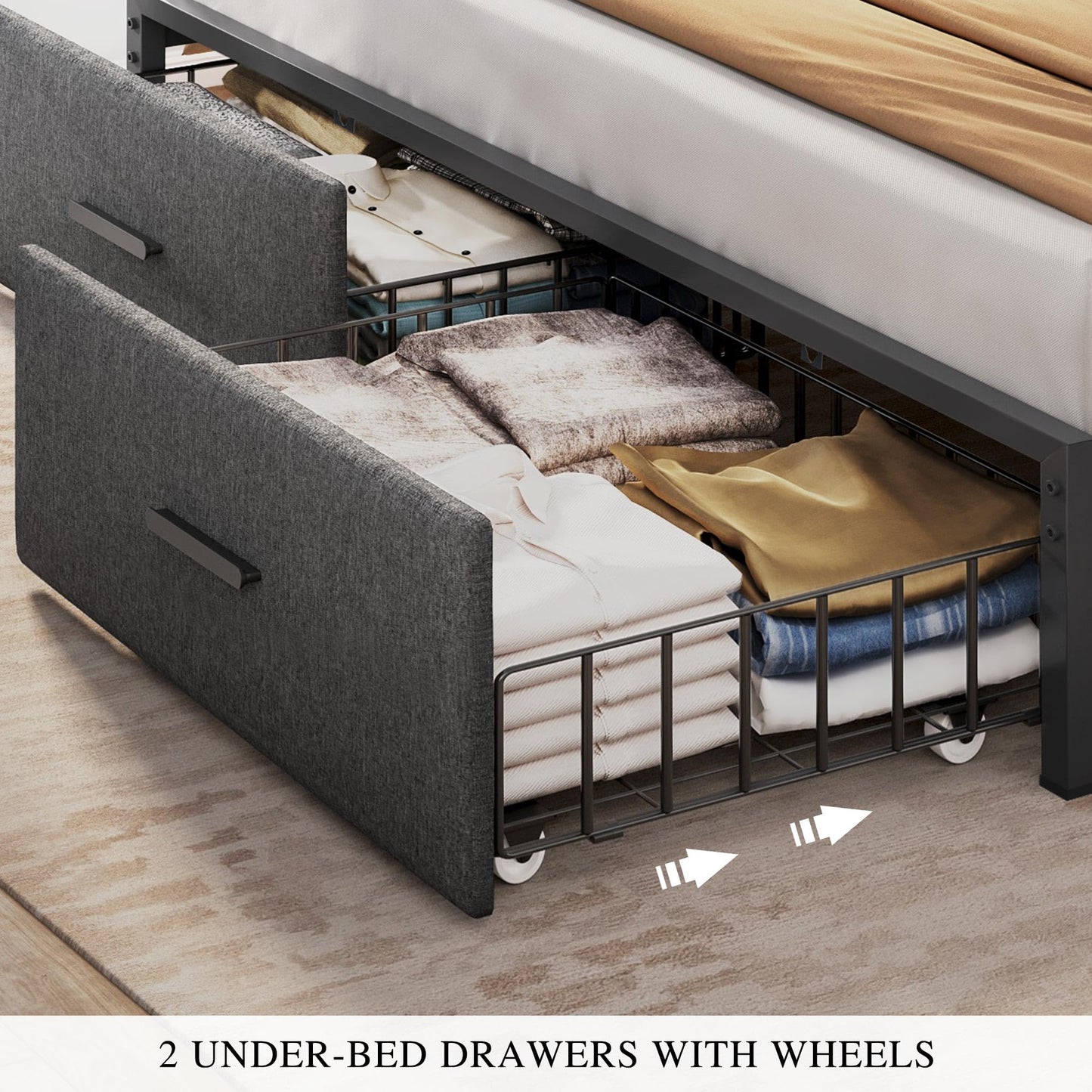 DWVO King Size with 2 Storage Drawers and Charging Station, Linen Upholstered Platform Bed with Storage Headboard and LED Light, Heavy Duty Metal Support, No Box Spring Needed, Noise Free, Grey