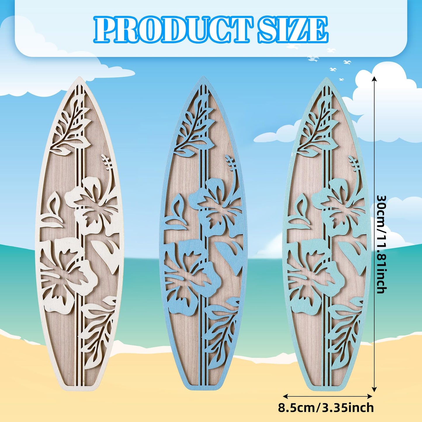 RattanView 3 Pieces Surfboard Decor for Bedroom Wooden Beach Wall Decor Summer Wood Surfboard Wall Hanging Sign for Tropical Living Room Decoration(Hibiscus,Blue)