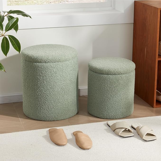 Royal Windsor Boucle Round Ottoman with Storage Set of 2,Small Foot Stool Ottoman for Living Room,Small Coffee Table, Vanity Stool with Storage for Bedroom, Green