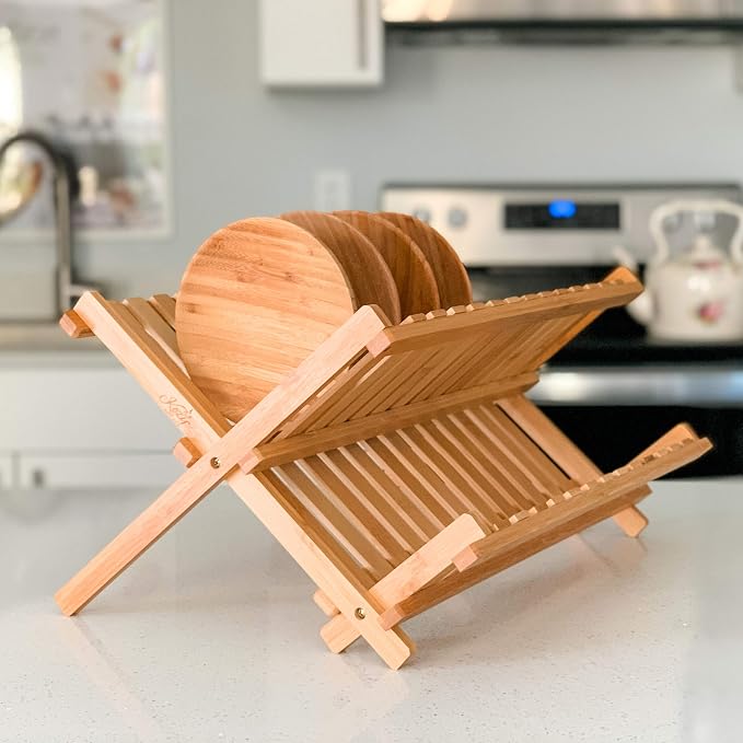 Dish Drying Rack Bamboo Dish Rack Plate Rack Collapsible Dish Drainer, Foldable Dish Drying Rack Wooden Plate Rack Made of 100% Natural Bamboo (Natural Bamboo- Natural Bamboo- Foldable)