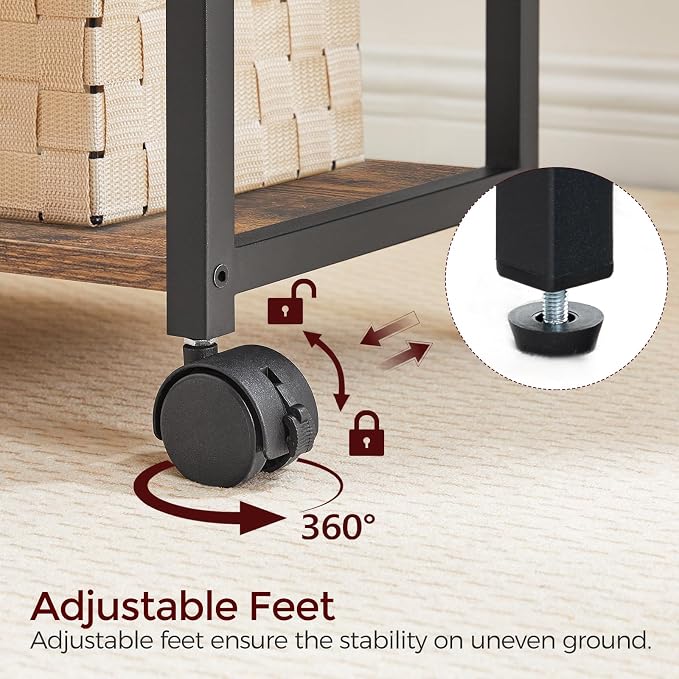 MAHANCRIS Printer Stand, 3-Tier Under Desk Rolling Cart with Storage Shelf, Heavy Duty Printer Table with Wheels for Home and Office, Printer Shelf with 2 Hooks, Small Spaces, Rustic Brown PTHR4001Z